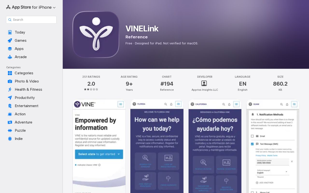 VINELink mobile app listing for custody notifications